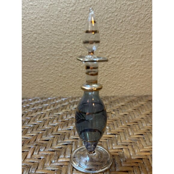 Vintage Egyptian Hand-Blown Blue Glass Perfume Bottle With Gold Accents - Picture 2 of 10